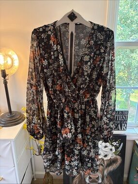 Black Floral Long-Sleeve Dress with Rust and Ivory Blooms